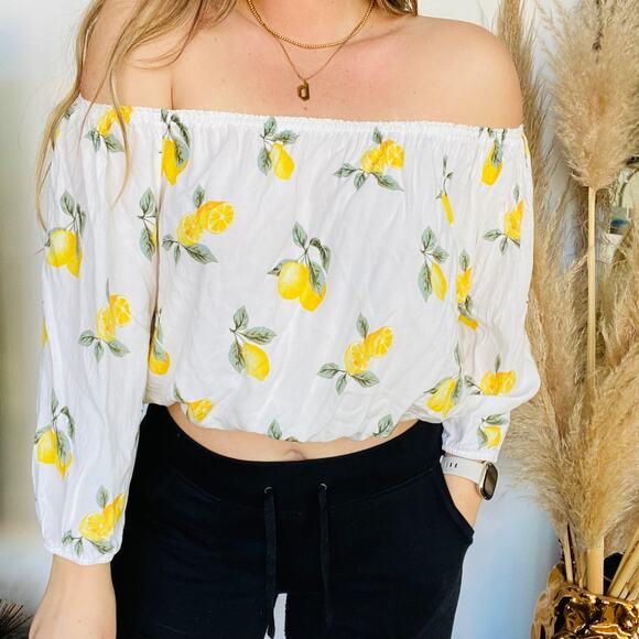 F21 FOREVER 21 White Yellow Lemon Print Off The Shoulder Blouse Shirt Crop Top L - Picture 7 of 8